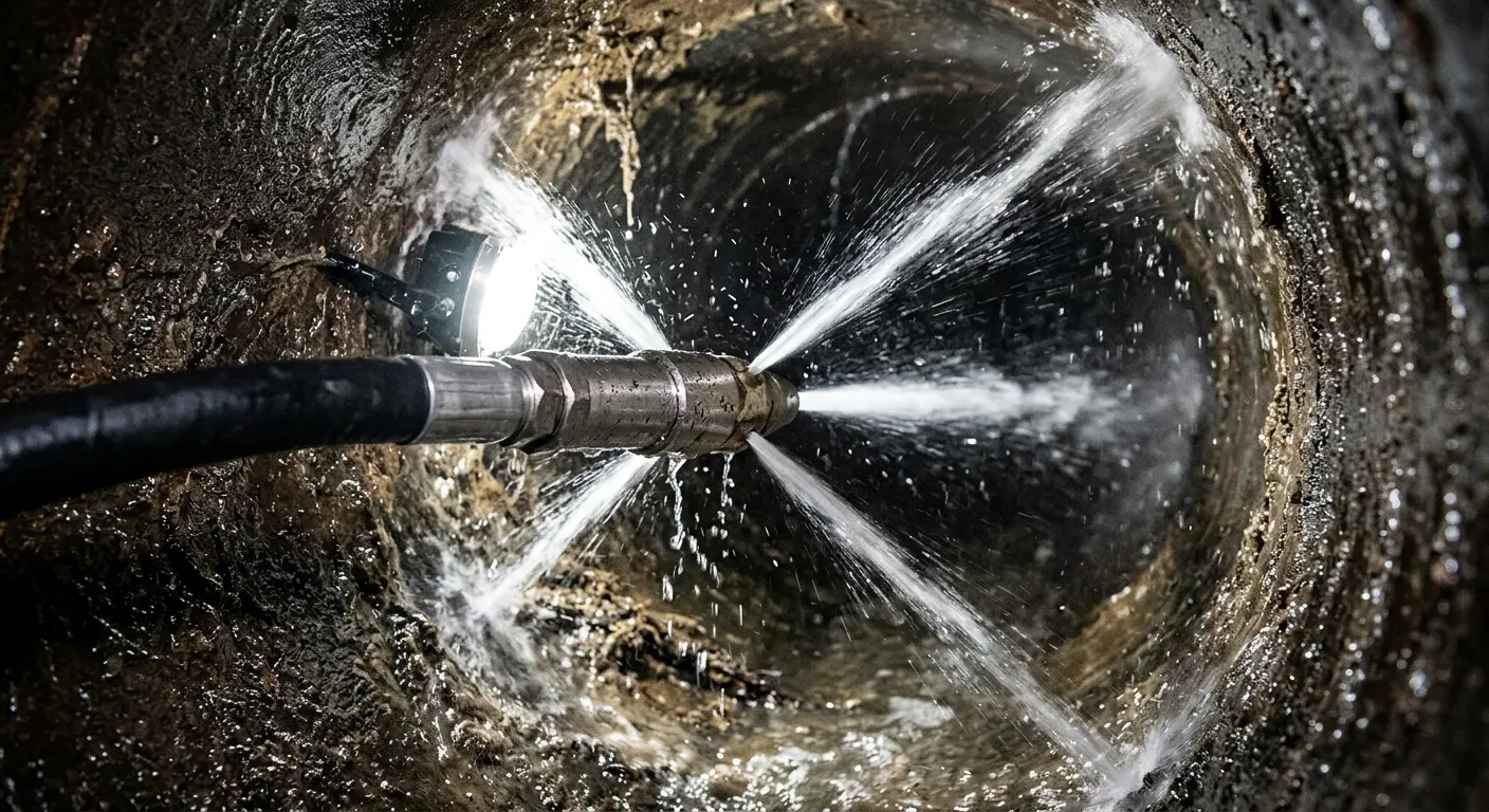 High-pressure hydro jetting nozzle cleaning sewer pipe for Trenchless Sewer Repair in Little Elm