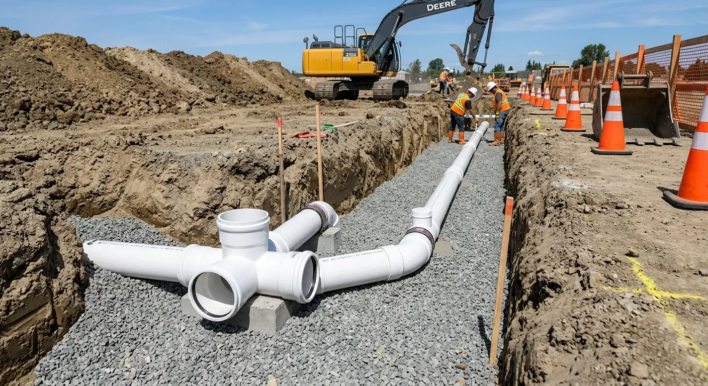 New PVC sewer pipe installation in open trench for Commercial Drain Cleaning in Little Elm