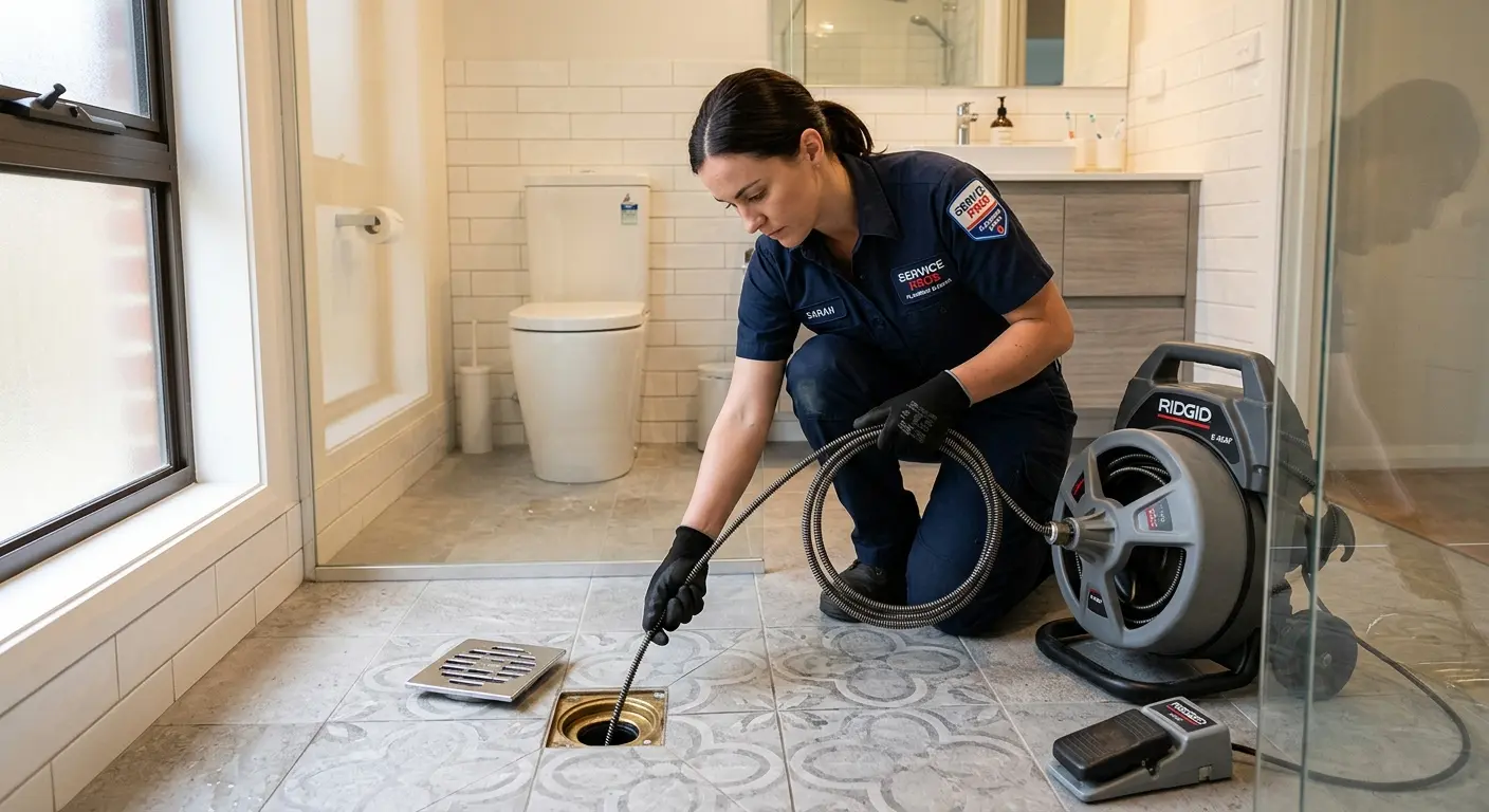 Technician clearing a bathroom floor drain for Drain Cleaning in Little Elm